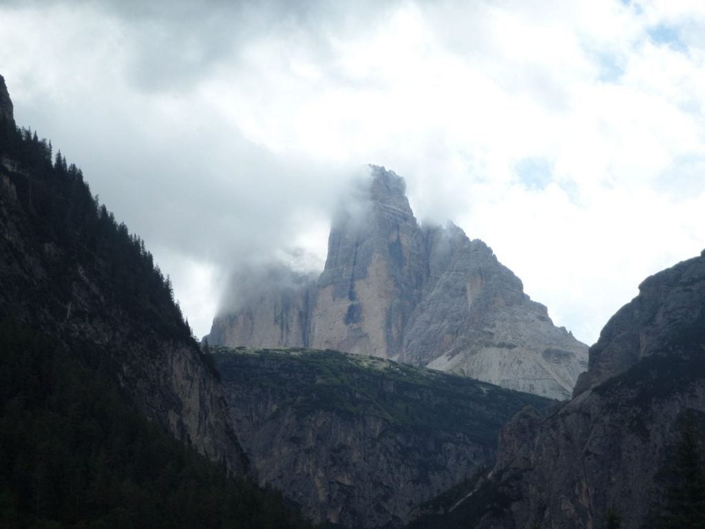 Tre Cime viste dal punto panoramico a valle